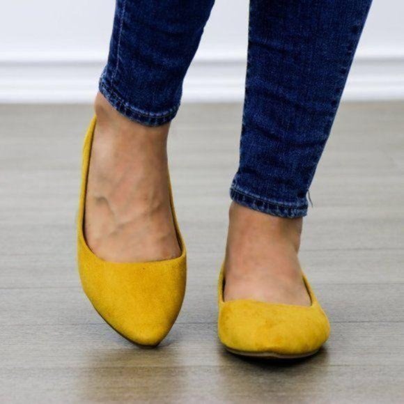 Mustard Yellow Vegan Suede Pointy Toe Flat Shoes - Picture 5 of 7